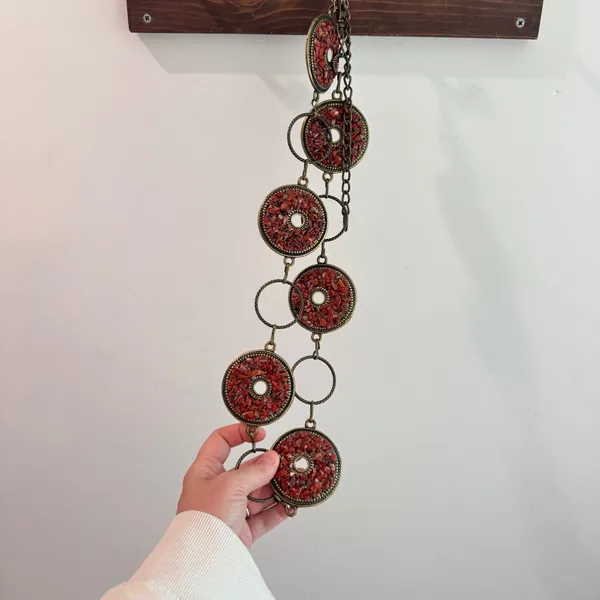 Vintage Red Stone Medallion Chain Belt Antique Brass Boho Statement Accessory - Image 8