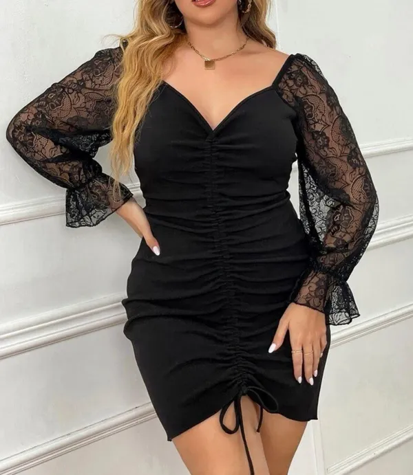Lace Sleeve Drawstring Bodycon Dress Black Size 18 plus - Image 3