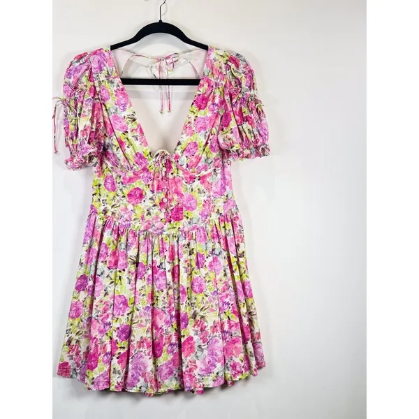 For Love & Lemons Mini Dress Paulina Silk Floral Corset Puffed Coquette Medium - Image 6