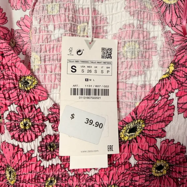 NWT Zara Puff Sleeve Smocked Floral Mini Dress in Pink White‎ Size Small - Image 4