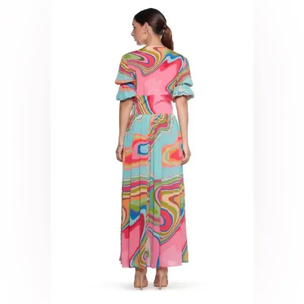 Red Dress Boutique Colorful maxi midi dress puff sleeve vneck button down swirl print - Image 4