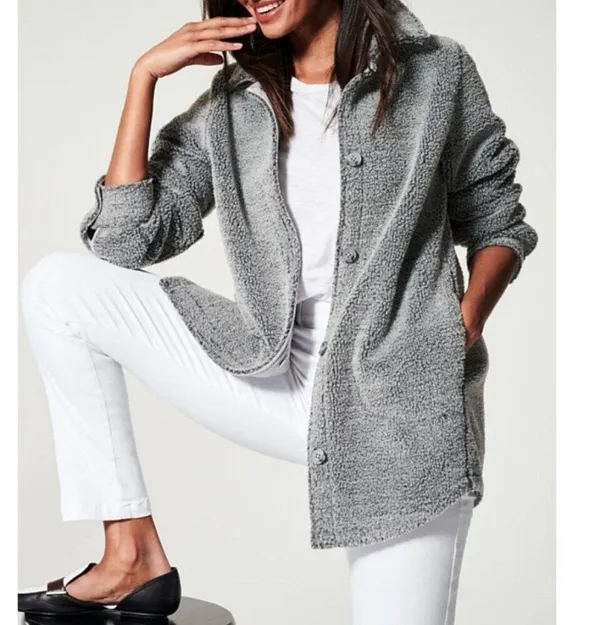 Spanx Luxe Fleece Jacket Pebble Grey Sherpa Faux Shearling Fuzzy Teddy Coat 1X - Image 2