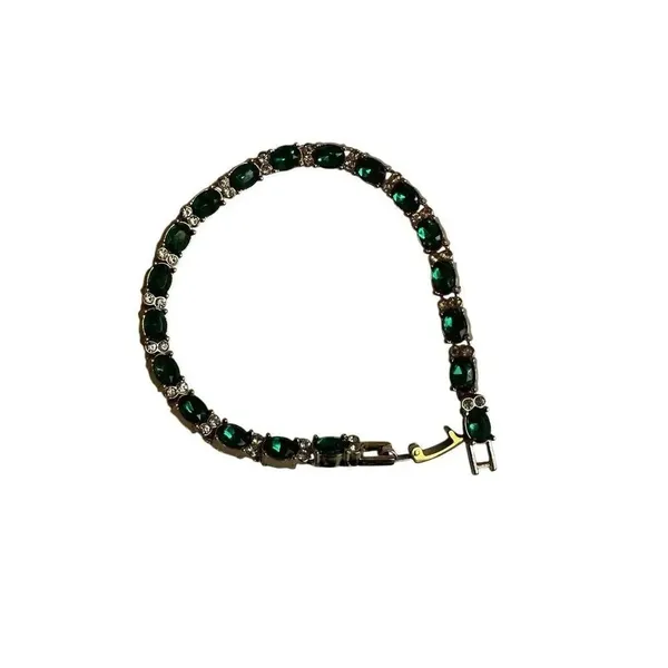 Emerald Green Rhinestone Tennis Bracelet Gold Tone - Image 4