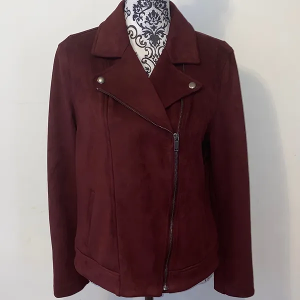 Like New! Old Navy Women's Burgundy Velour Faux Suede Moto Jacket Size Large - Image 3