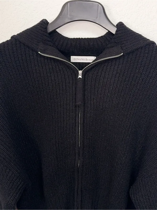 Zenana Black Ribbed Knit Two Way Zip Up Sweater Jacket Oversized Collar Cardigan - Image 6