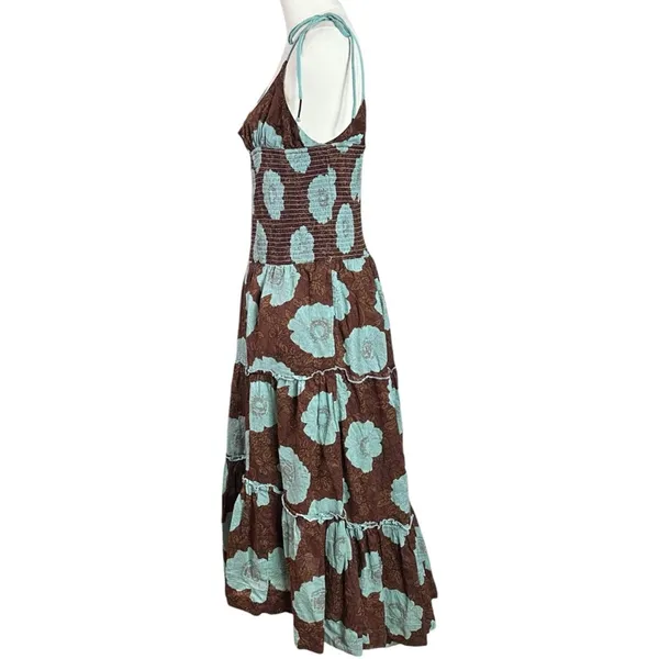 Free People Bohemian Beachy Hawaiian Adriel Midi Dress Brown Blue Floral Size XL - Image 7
