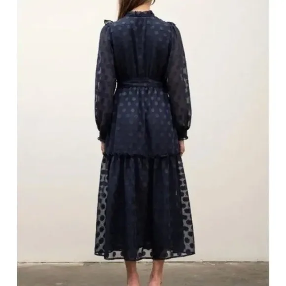 Moon River‎ Navy Polka Dot Midi Dress Small Sheer Long Sleeve Ruffle Tie Belt - Image 2
