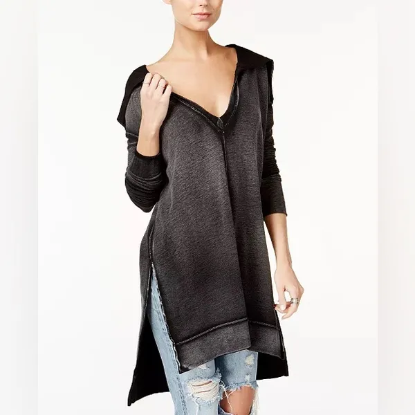 Free People Charcoal Gray V-Neck Long Sleeve Sweatshirt Dress - Image 3