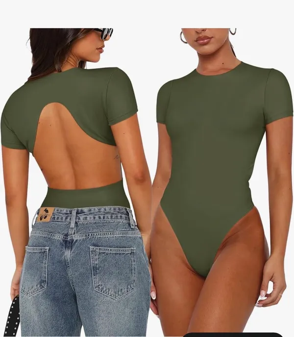 REORIA Womens Trendy Sexy Backless Body Suit Double Lined Crew Neck Short Sleeve Going Out Bodysuits Tops - Image 4