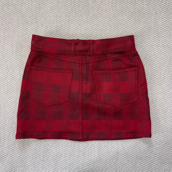 Fashion On Earth Women’s Faux Leather Red Black Plaid Belted Mini Skirt Sz Xs Sexy Party - Image 2