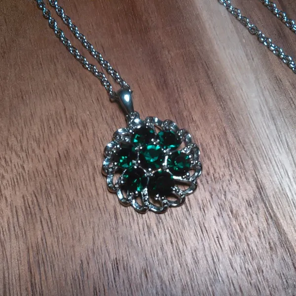 Green Crystal Floral Platinum over Brass Pendant Stainless Steel Necklace - Image 7