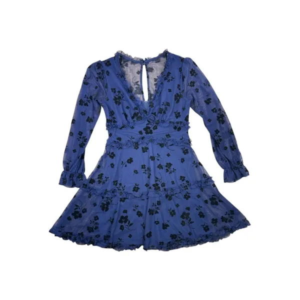 B. Darlin Long Sleeve Tiered Mini Dress Blue Floral Mesh Size 5/6 Homecoming - Image 2