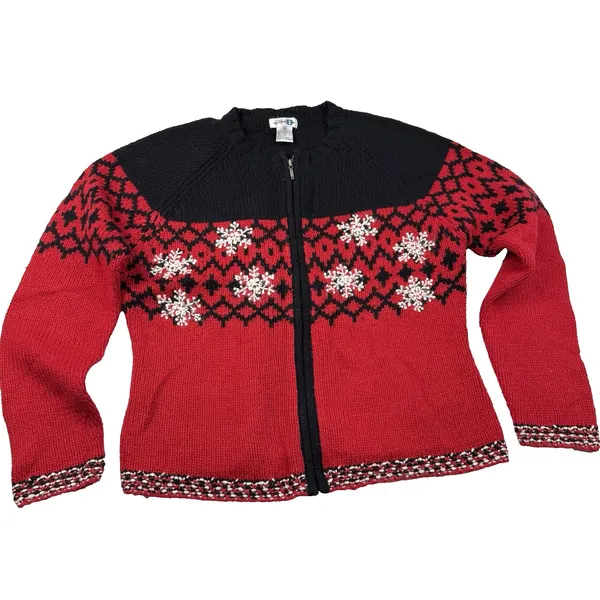 Womens Sweaters Cardigan Medium Wool‎ Blend Paul Harris Design Red Fair Isle Zip - Image 2