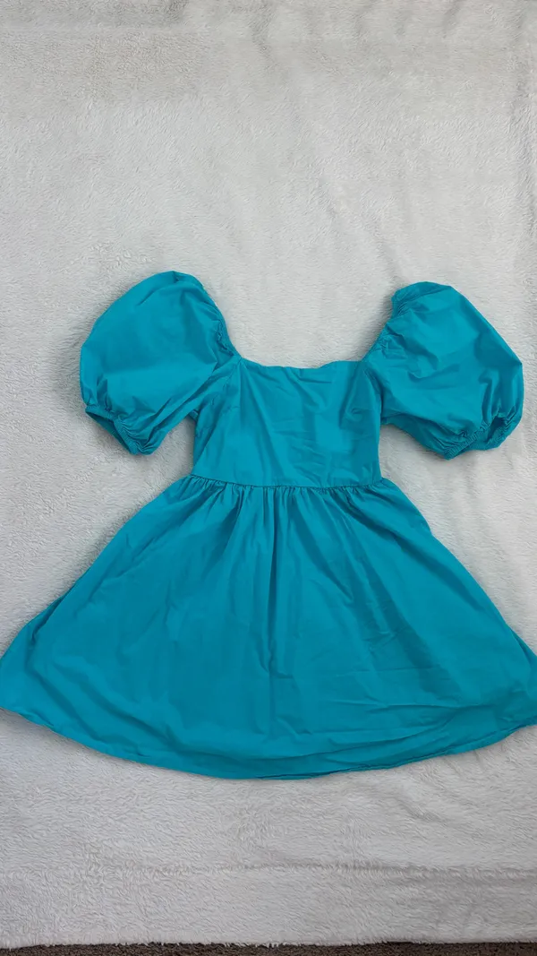 A New Day Square Neck Blue Smocked Open Back Puff Sleeve Dress - Image 2