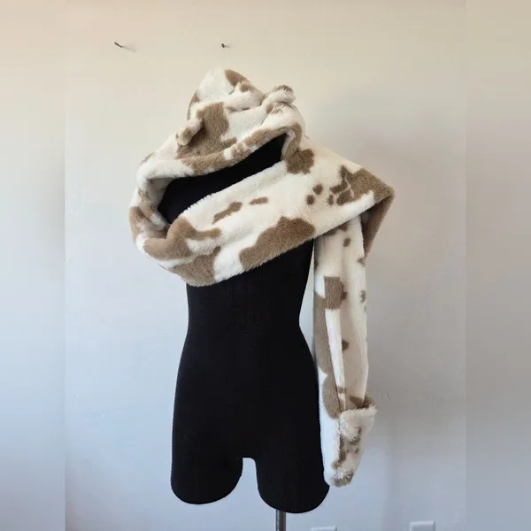 Ultra Soft Cow Print Hat Scarf Mitten Attached Furry Hood Ears Puppy Snow Bunny - Image 5