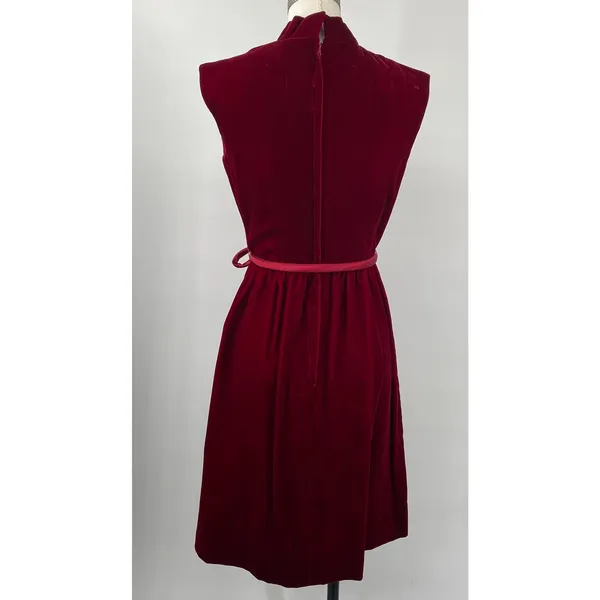 Vintage 60s Velvet Belted Tie Waist Mini Dress High Neck Stand Collar Maroon Red - Image 6