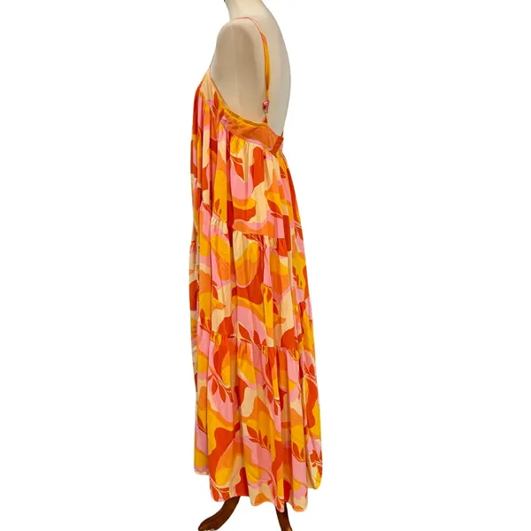 Abel The Label Boho Abstract Tiered Trapeze Maxi Dress Orange Pink, Size M - Image 5