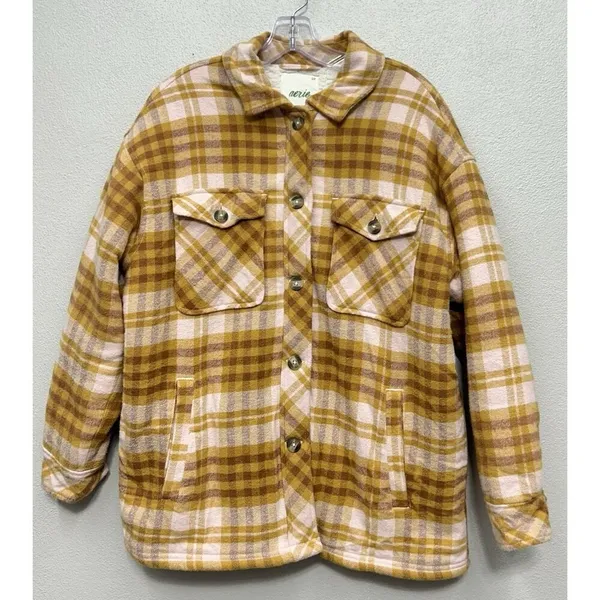Aerie Womens Shacket Shirt Jacket Small Yellow Pink Plaid Flannel Sherpa Lined - Image 3