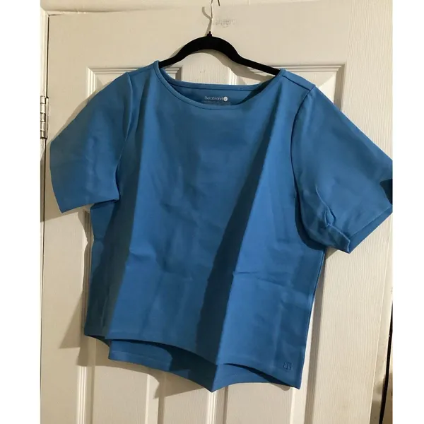 Betabrand Shirt Womens L Blue Short Sleeve Boxy Hi Lo Stretch Top Work Casual - Image 2