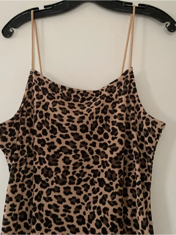 Y2K Tan Leopard Print Maxi Slip Dress XL Bodycon Casual Loungewear Summer - Image 3