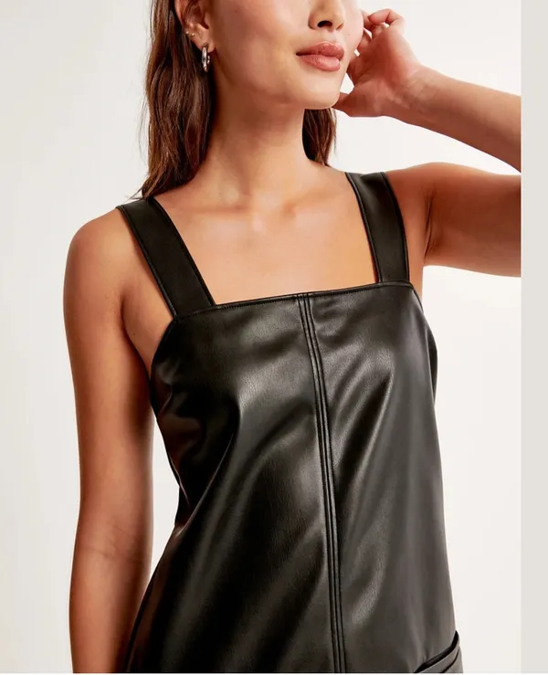 Abercrombie Black Faux Leather Front Pocket Mini Shift Dress Layering - Image 3