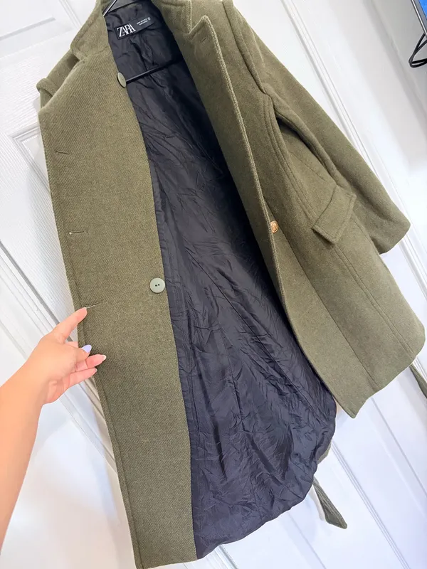 ZARA Olive Green Military Coat Gold Button Belted Preppy Academia Womens M - Image 6