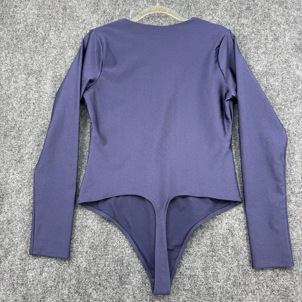 Good American Bodysuit Blue Long Sleeve Deep V Stretch Snap Closure Size 4 - Image 2