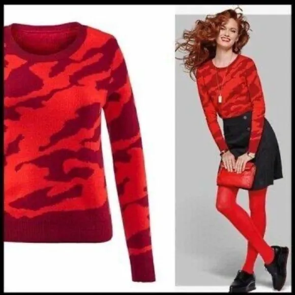 Cabi Camo Print‎ Sweater Crew Neck Long Sleeve Pullover Knit Top Red Size Medium - Image 2