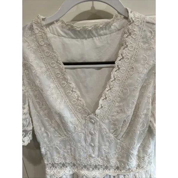 Womens White Lace Overlay Midi Dress Size Small Puff Sleeve Cottagecore Coquette - Image 4
