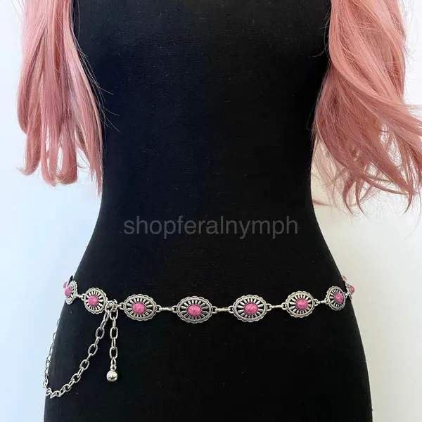 Silver Y2K Pink Stone Concho Waist Chain Belt, Fits 24.5-42.5 Inches, X7GA1298 - Image 4