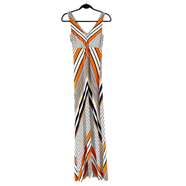 Windsor White Maxi Dress with Orange & Navy Stripes Sz S - Image 2