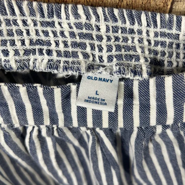 Old Navy Blue White Striped Ruffle Strap Linen Cotton Top Large Coastal Nautical - Image 4