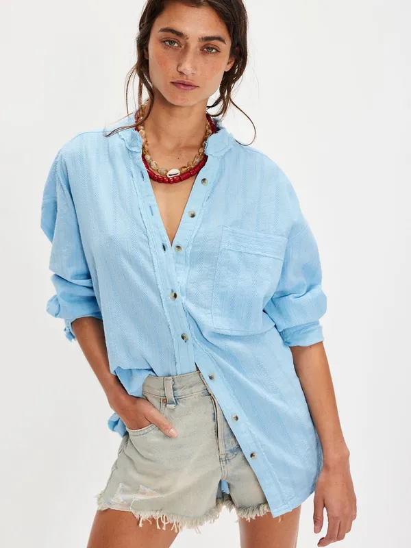 NWT We The Free Light Blue Striped Button-Up Shirt - Image 3
