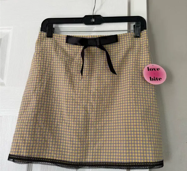 Y2K Gingham Satin Bow Plaid Lace Trim Mini Skirt - Image 4