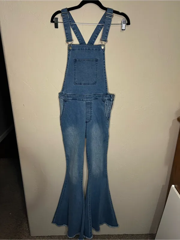 Pink Lily Flare Bell Bottoms Raw‎ Hem Boho Overalls - Image 2
