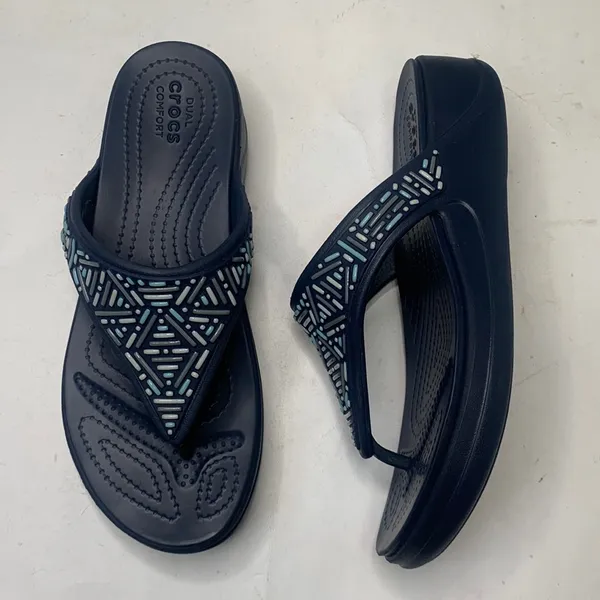 CROCS Women’s Monterey Beaded Wedge Flip Sandals Navy Blue S-606 Size 10 - Image 2