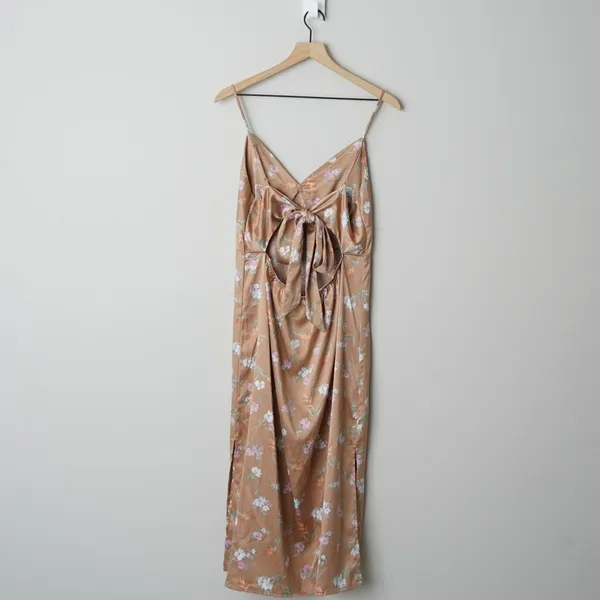 Pink Rose Floral Midi Dress Slit Side Open Tie Bow Back Spaghetti Strap Spring L - Image 4