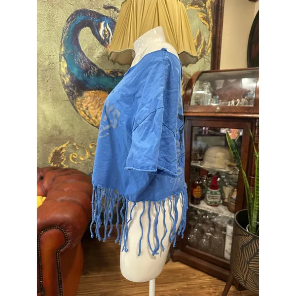 Custom Blue Fringe Cowboy Graphic Crop Top Boho Southwestern Festival Shirt L - Image 3