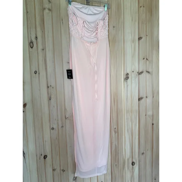 NWT Lulus Stunning Concept Light Pink Mesh Rhinestone Strapless Maxi Dress Sz M - Image 8