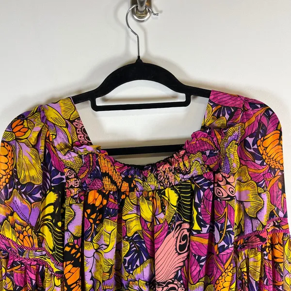 Alexandra Farmer for Anthropologie Butterfly Floral Smocked‎ Blouse Pink XS Boho - Image 10