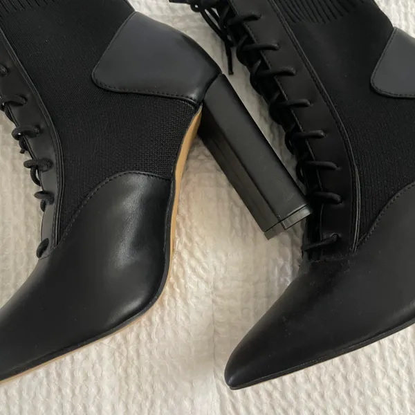 Pointed laced tie faux leather contrast pull on knit ankle boots - Image 5