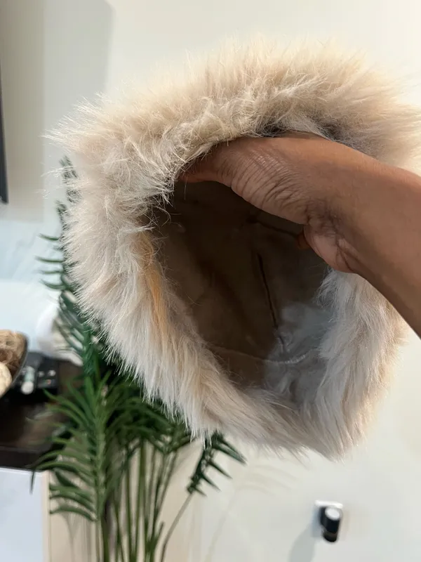 Plush Faux Fur Animal Ear Beanie - Cream & Brown - Image 5