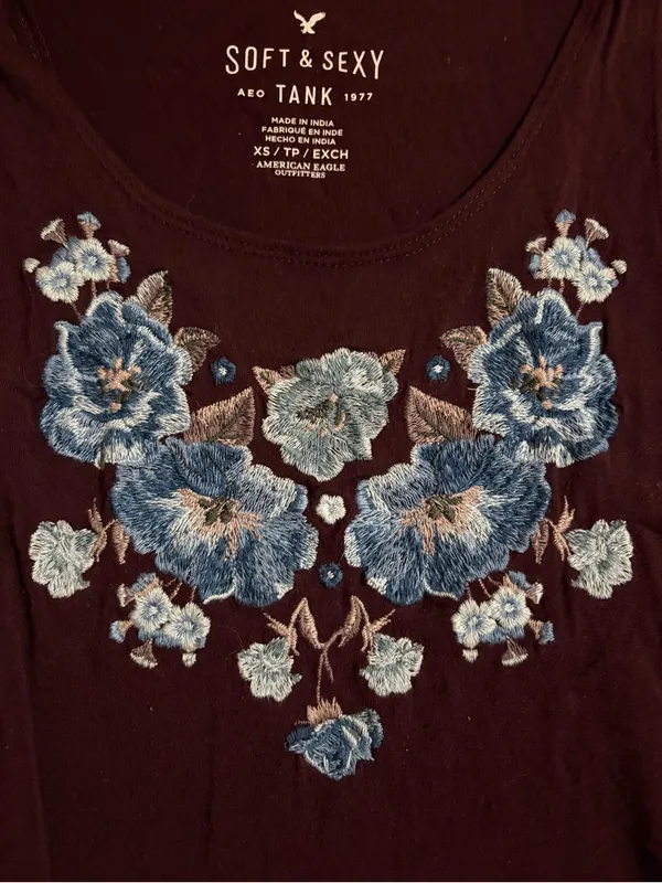 Aerie Soft & Sexy Floral Embroidered Tank - Dark Plum - Image 2