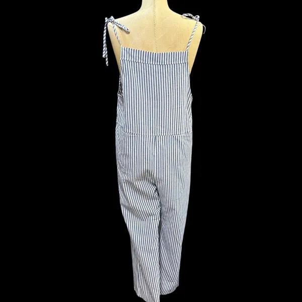 Striped Blue L Tie Shoulder Wide Leg Jumpsuit Overall Preppy Cotton‎ Summer Cute - Image 4