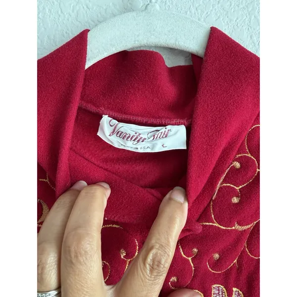 Vtg Vanity Fair Velour Maxi Robe Gown Red Gold Embroidered Zip Housecoat Large - Image 9