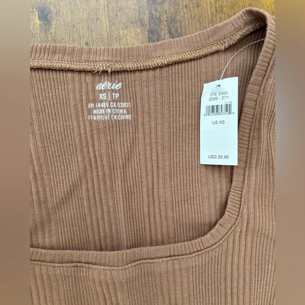 NWT Aerie Ribbed Crop Top Women's XS Neutral Taupe Long Sleeve Square Neckline - Image 2