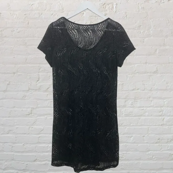 Alexa & Stella Black Crochet Mesh Swim Cover-Up Dress L Beachy Summerdress Chic - Image 4