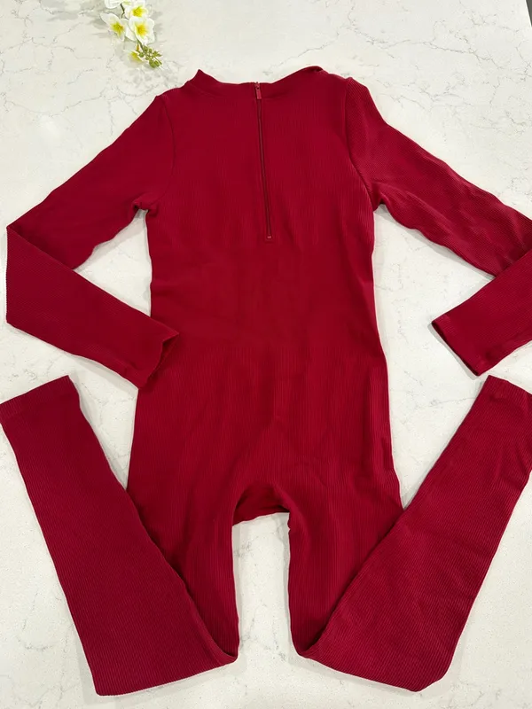 Ribbed Long-Sleeve One-Piece Jumpsuit in Burgundy - Image 2