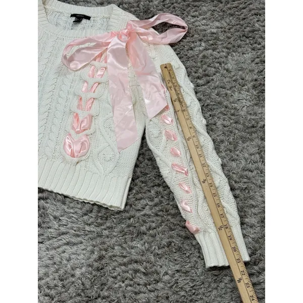 Women’s Ivory Chunky Cable Knit Sweater Pink Ribbon Bow Oversized Himekaji L - Image 11