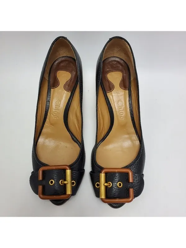 Chloe Leather Buckle Peep Toes Kitten Heels Slip On Pumps Size 37 Black - Image 6